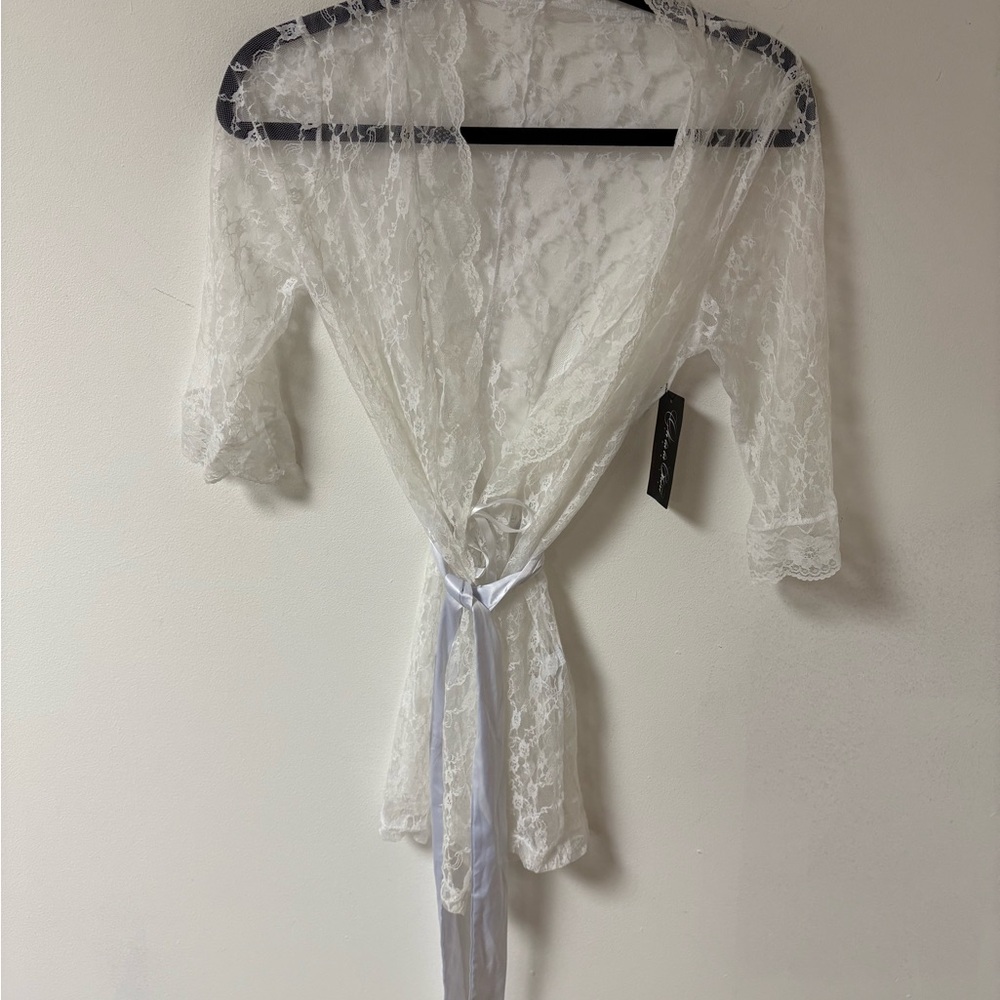 Oh La La Cheri Paris Womens Sheer All Over Lace Kimono With Satin Sash Small NWT